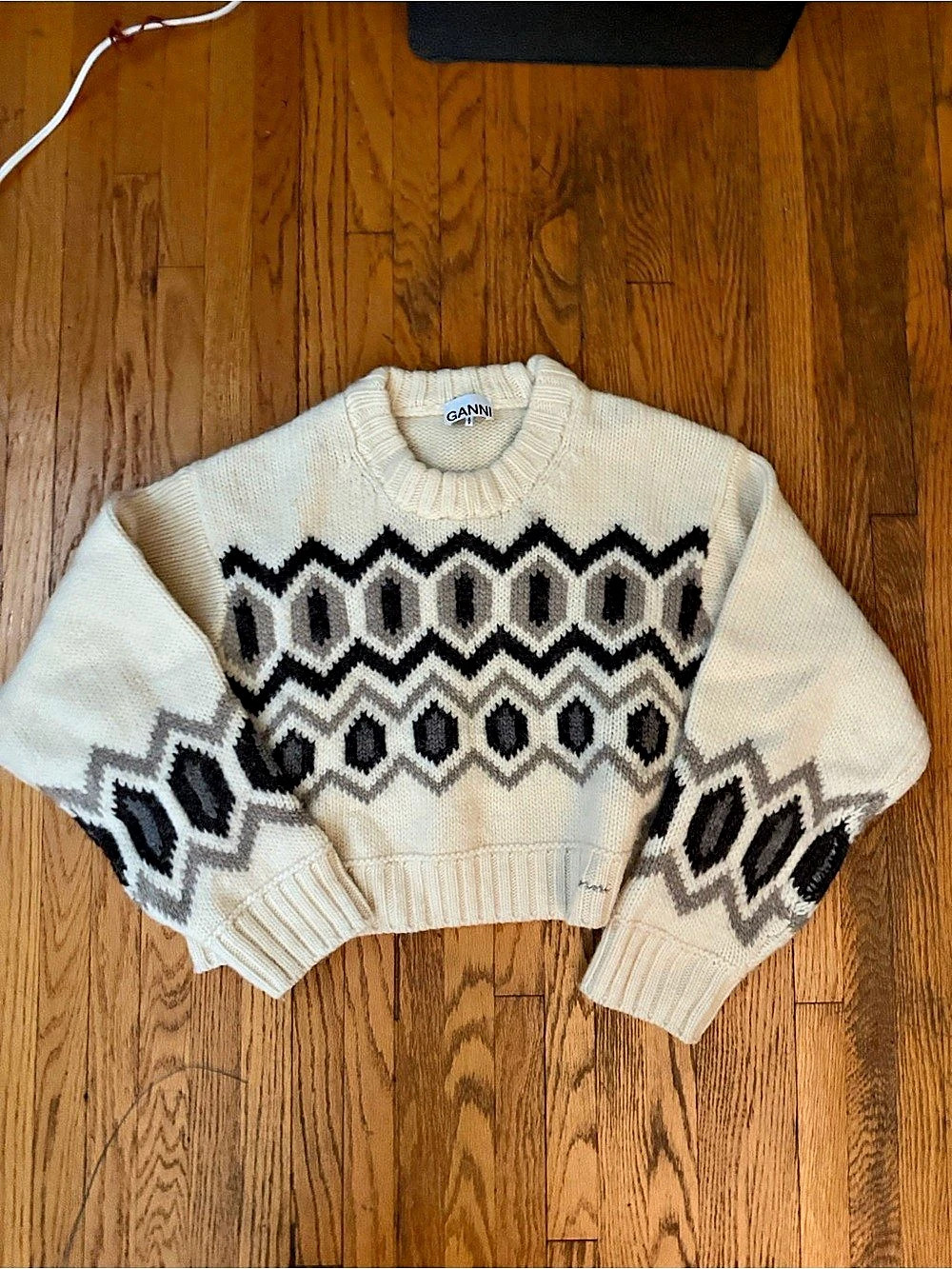 GANNI Cream Geometric Pattern Wool Blend Sweater